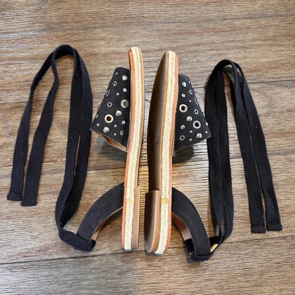 Lucky Brand Daytah 2‎ Black Leather Studded Ankle Tie Espadrille Sandals 6M